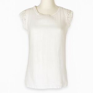 Viola Borghi 100% Linen and Crochet White Sleeveless Blouse Made in Italy Size S